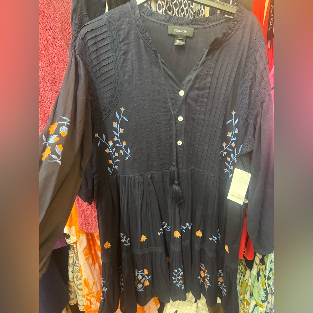 Karen Kane Black Top with Blue and Orange Embroidery